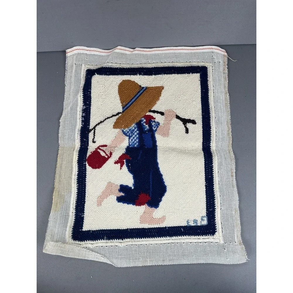 Vintage Completed Needlepoint Canvas Boy With Hat Gone Fishing 11.5